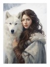 brunette med grå kappe uten hette , hvit hund   thumbnail