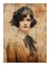 Klassisk kvinne i bluse med hvit krage , hatt , dobbeleksponert over eldet papir  thumbnail
