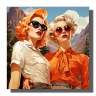 Kvadrat , to damer foran fjell , sommer , oransje og blondt hår , høy metning og kontrast , digital tegning    thumbnail