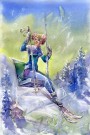 Dame i skiheis , ´blågrønn genser ,dusker i håret , uten tekst , printkopi av maleri thumbnail