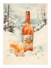 Flaske med appelsin , to drammglass , i snøen foran trærne , maleriposter  thumbnail