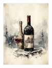 to flasker og et glass rødt i snøen foran skogen, eldet papir , maleriposter  thumbnail
