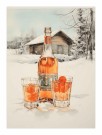 Flaske og to glass med god drikke foran hytta , oransje drikke , maleriposter   thumbnail