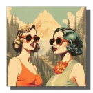 Kvadrat Retro , to damer , røde solbriller , teal og blondt hår , blomsterkjede   thumbnail