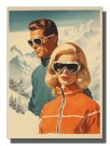 RETRO DAME OG MANN FORAN SNØDEKKET FJELL , DAME ORANSJE JAKKE MED ZIP thumbnail