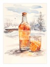 spritz , appelsin , flaske og glass i snøen foran hytta , maleriposter  thumbnail