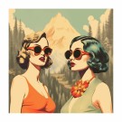 Kvadrat Retro , to damer , røde solbriller , teal og blondt hår , blomsterkjede   thumbnail
