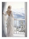 Blond kvinne med hvit kjole  på balkongen , ser utover fjell og vann  thumbnail