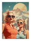 Stjernehimmel , måne , to damer foran fjellet , oransje og blå overdel , lyshårede damer , hestehale thumbnail