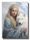 Blond dame med kappe uten hette ,hvit hund , dreamy   thumbnail