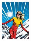 pop art , dame på ski , rød bukser med stjerner , gul topp  thumbnail
