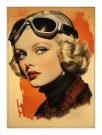 klassisk kvinne , retro slalombriller , vinrød genser , røde lepper , blond , oransje og beige bakgrunn  thumbnail