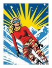 pop art , blond dame på ski , rød genser , gul sol blå himmel og stjerner  thumbnail