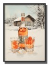 Flaske og to glass med god drikke foran hytta , oransje drikke , maleriposter   thumbnail