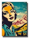 Illustrert retro dame foran vinrødt fjell og høstkledd mark   thumbnail