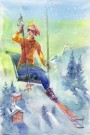 Dame i skiheis , oransj genser , uten tekst , printkopi av maleri thumbnail