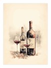 to vinflasker og to glasss med rødt , eldet papir , maleriposter   thumbnail