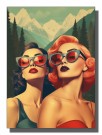 to retrodamer foran fjell og skog , dame h , rødrosa hår , røde brilleglass , rød topp    thumbnail