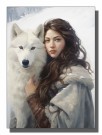 brunette med grå kappe uten hette , hvit hund   thumbnail