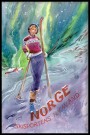 Dame på ski i Nordlys, grønn , med tekst printkopi av maleri. thumbnail
