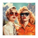 Kvadrat , 80s inspirert , to damer foran fjell , v.dame skjorte og slips høy metning og kontrast , digital tegning  thumbnail