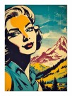Illustrert retro dame foran vinrødt fjell og høstkledd mark   thumbnail