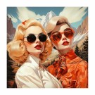 kvadrat , to damer i fjellet, blondt hår med rød strikk, dame h, røde briller høy metning og kontrast , digital tegning  thumbnail
