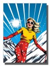 pop art , dame på ski , rød bukser med stjerner , gul topp  thumbnail