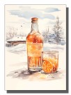 spritz , appelsin , flaske og glass i snøen foran hytta , maleriposter  thumbnail