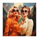 Kvadrat , damer i høstfjellet , fjell og måne. oransje drakt og offwhite bluse, høy metning og kontrast thumbnail
