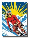 pop art , blond dame på ski , rød genser , gul sol blå himmel og stjerner  thumbnail