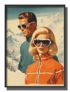 RETRO DAME OG MANN FORAN SNØDEKKET FJELL , DAME ORANSJE JAKKE MED ZIP thumbnail