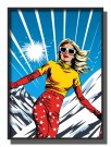 pop art , dame på ski , rød bukser med stjerner , gul topp  thumbnail