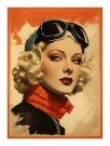 portrett klassisk kvinne, blond , vinrøde lepper , briller på hodet , oransje bakgrunn  thumbnail