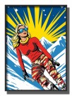 pop art , blond dame på ski , rød genser , gul sol blå himmel og stjerner  thumbnail