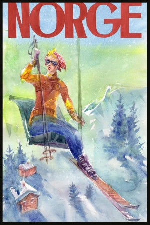 Dame i skiheis , oransj genser , med tekst , printkopi av maleri