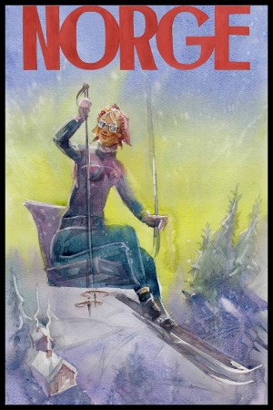 Dame i skiheis, med tekst , lilla genser, printkopi av maleri