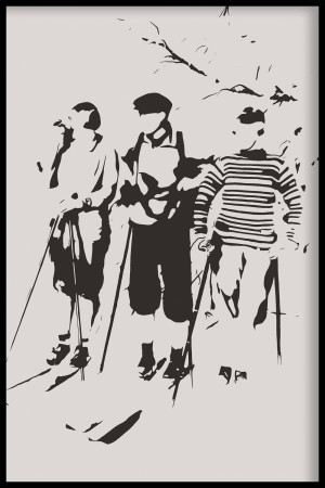 Mann og to damer på ski, tegnet poster