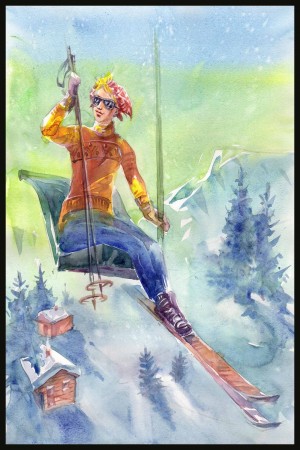 Dame i skiheis , oransj genser , uten tekst , printkopi av maleri