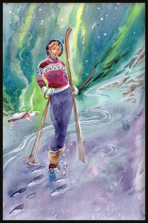 Dame på ski i Nordlys, grønn , uten tekst printkopi av maleri.